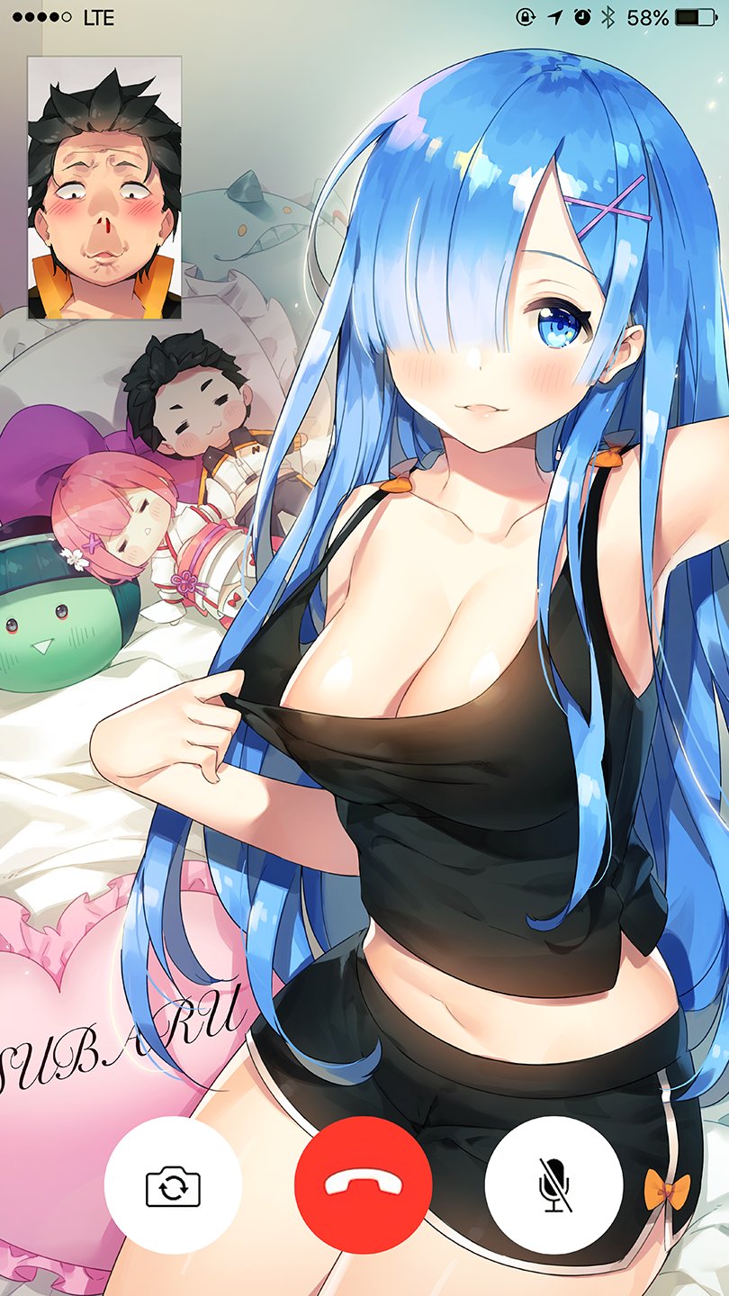1boy, 1girl, :>, :3, alternate_costume, alternate_hair_length, alternate_hairstyle, arm_up, armpits, ayami_(annahibi), bare_shoulders, bed_sheet, black_hair, black_shorts, blood, blue_eyes, blue_hair, bow, boyshorts, breasts, casual, character_doll, character_name, cleavage, collarbone, cowboy_shot, frilled_pillow, frills, hair_ornament, hair_over_one_eye, hakugei_(re:zero), heart, heart_pillow, highres, indoors, japanese_clothes, kimono, large_breasts, long_hair, looking_at_viewer, midriff, natsuki_subaru, navel, no_bra, nosebleed, on_bed, orange_bow, parted_lips, petelgeuse_romaneeconti, pillow, pulled_by_self, ram_(re:zero), re:zero_kara_hajimeru_isekai_seikatsu, rem_(re:zero), self_shot, shiny, shiny_hair, shirt_pull, shirt_tug, short_shorts, shorts, sidelocks, sitting, sleeveless, tank_top, teasing, track_suit, triangle_mouth, very_long_hair, viewfinder, x_hair_ornament