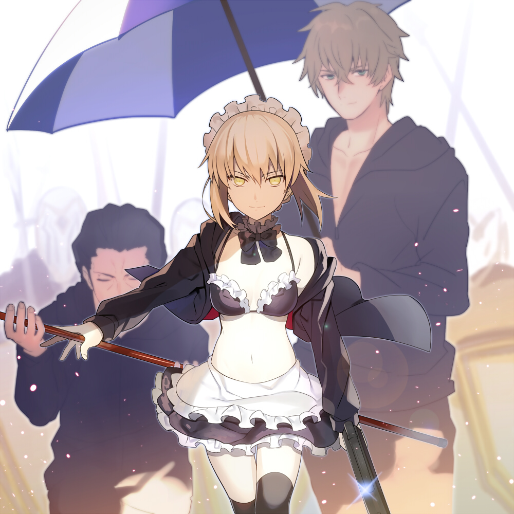 1girl, 2boys, agravain_(fate/grand_order), artoria_pendragon_(swimsuit_rider_alter)_(fate), black_legwear, blonde_hair, fate/grand_order, fate_(series)