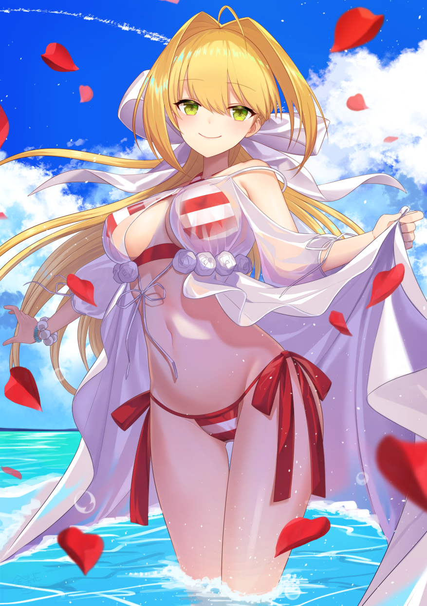 1girl, ahoge, bead_bracelet, beads, bikini, blonde_hair, blue_sky, blush