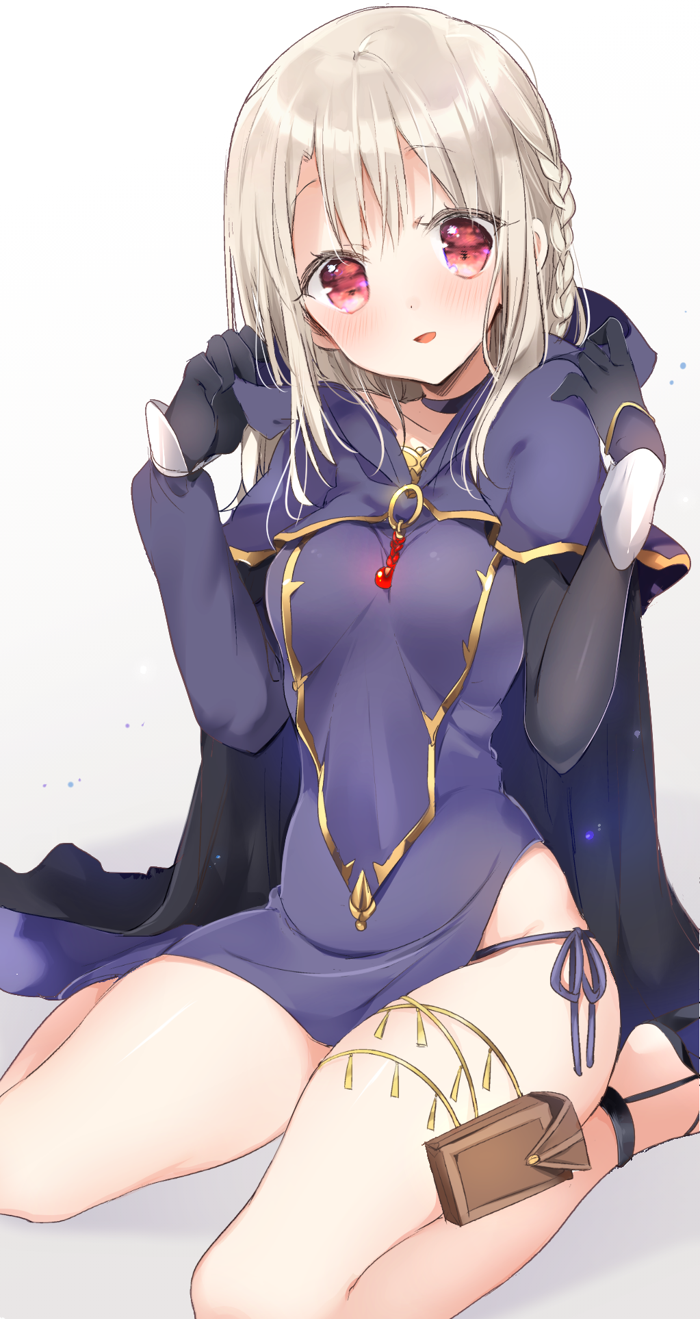 1girl, between_breasts, black_gloves, blush, braid, breasts, caster, caster_(cosplay)
