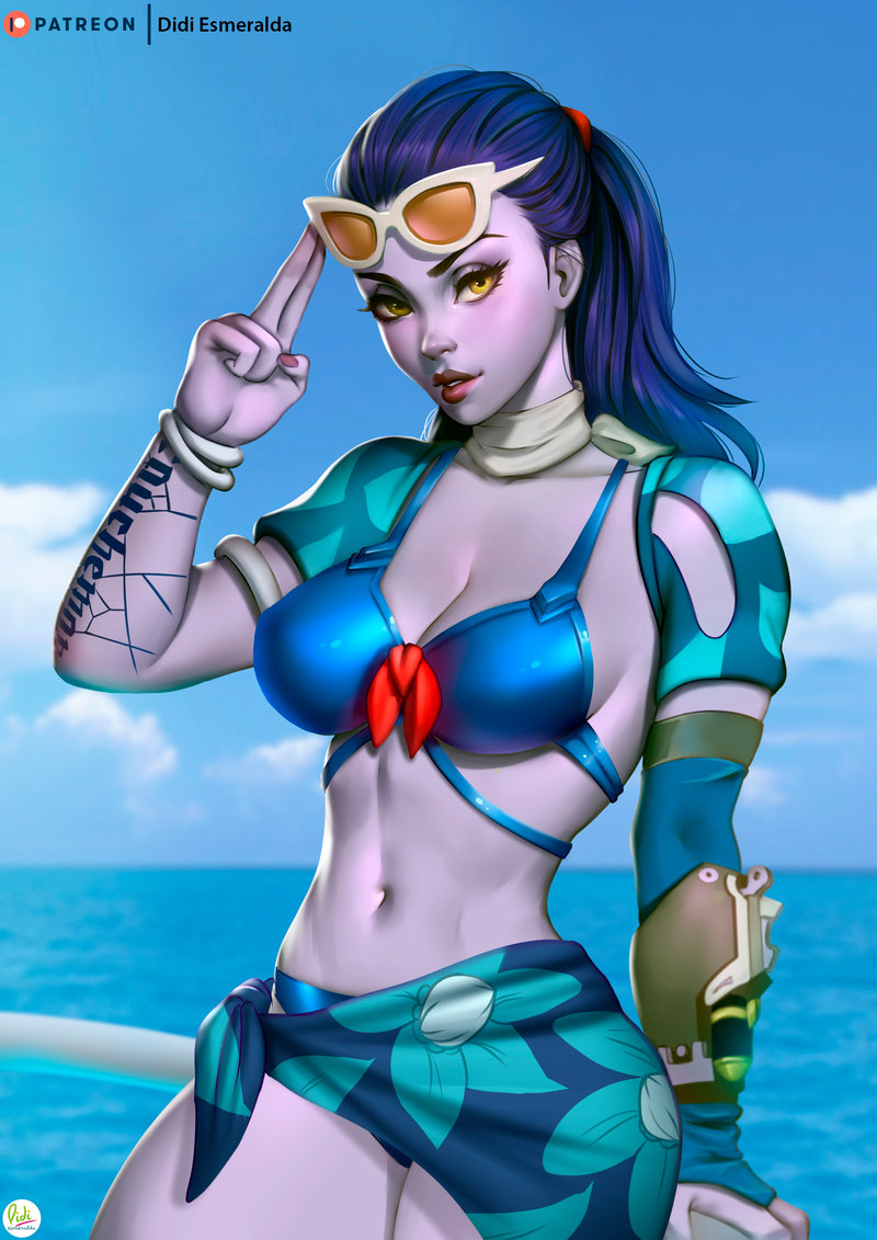 1girl, alternate_costume, arm_tattoo, bikini, blue_bikini, bracelet, bridal_gauntlets, cote_d'azur_widowmaker
