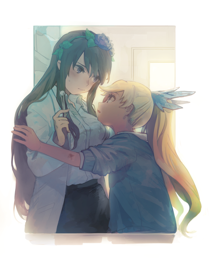 2girls, blonde_hair, casual, flower, granblue_fantasy, hair_flower, hair_ornament, io_euclase