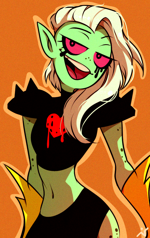 1girl, :d, cowboy_shot, crop_top, gloves, green_skin, head_tilt, heart