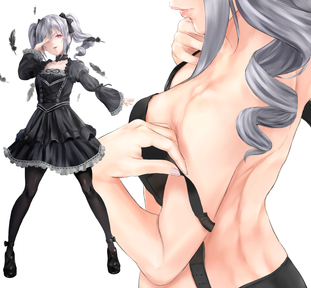 1girl, black_bra, black_dress, black_legwear, bra, breasts, closed_mouth, commentary_request