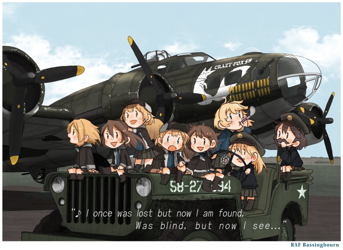 10s, 6+girls, :d, aircraft, airplane, b-17_flying_fortress, black_footwear, blonde_hair, blue_eyes, bomber, brown_eyes, brown_hair, car, commentary_request, engine, english, fairy_(kantai_collection), ground_vehicle, gun, hair_between_eyes, hat, jeep, kantai_collection, kitsuneno_denpachi, long_hair, long_sleeves, m2_browning, machine_gun, military, military_vehicle, motor_vehicle, multiple_girls, open_mouth, peaked_cap, pleated_skirt, propeller, shoes, short_hair, skirt, smile, weapon