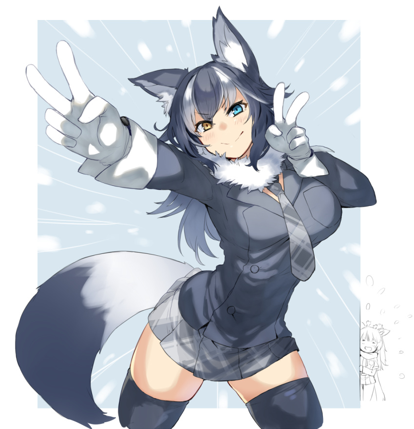>:), 2girls, animal_ears, bangs, black_hair, black_legwear, blue_eyes, blush