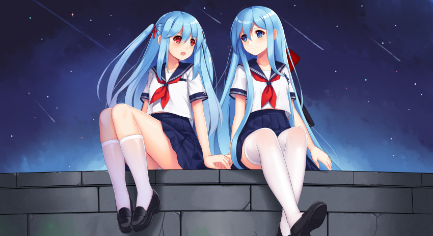2girls, absurdres, allenes, blue_eyes, blue_hair, blue_skirt, brick_wall, fubuki_(zhan_jian_shao_nyu)