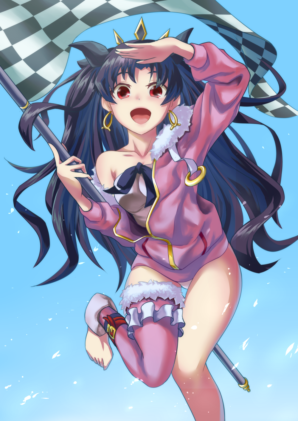 1girl, :d, arm_up, bangs, bare_shoulders, black_hair, blush, checkered