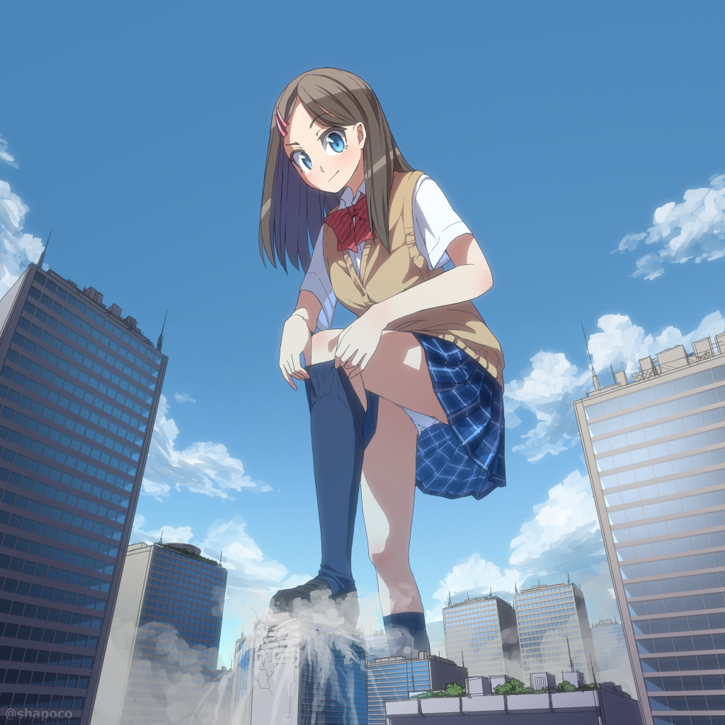 1girl, :|, adjusting_clothes, adjusting_legwear, blue_eyes, blue_skirt, blush, bow