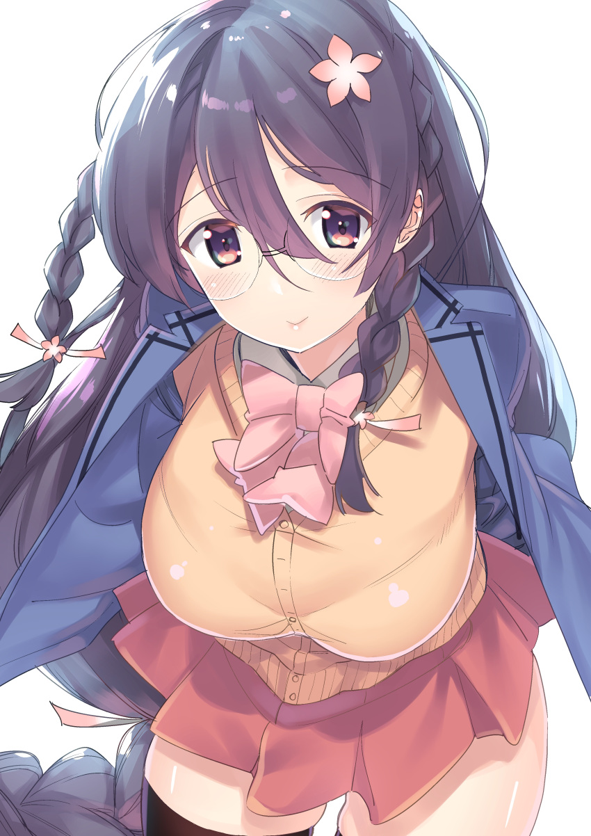 1girl, absurdres, braid, breasts, flower, glasses, gotou_masaki, hair_flower