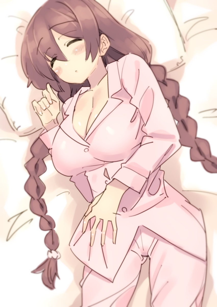 1girl, absurdres, braid, breasts, cleavage, closed_eyes, glasses, glasses_removed