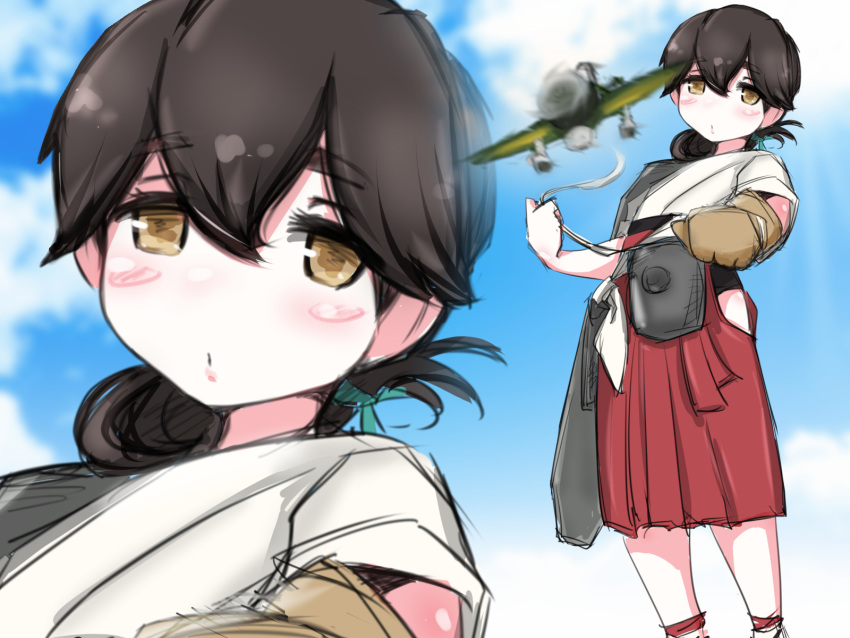 10s, 1girl, a5m, aircraft, airplane, black_hair, brown_eyes, cowboy_shot