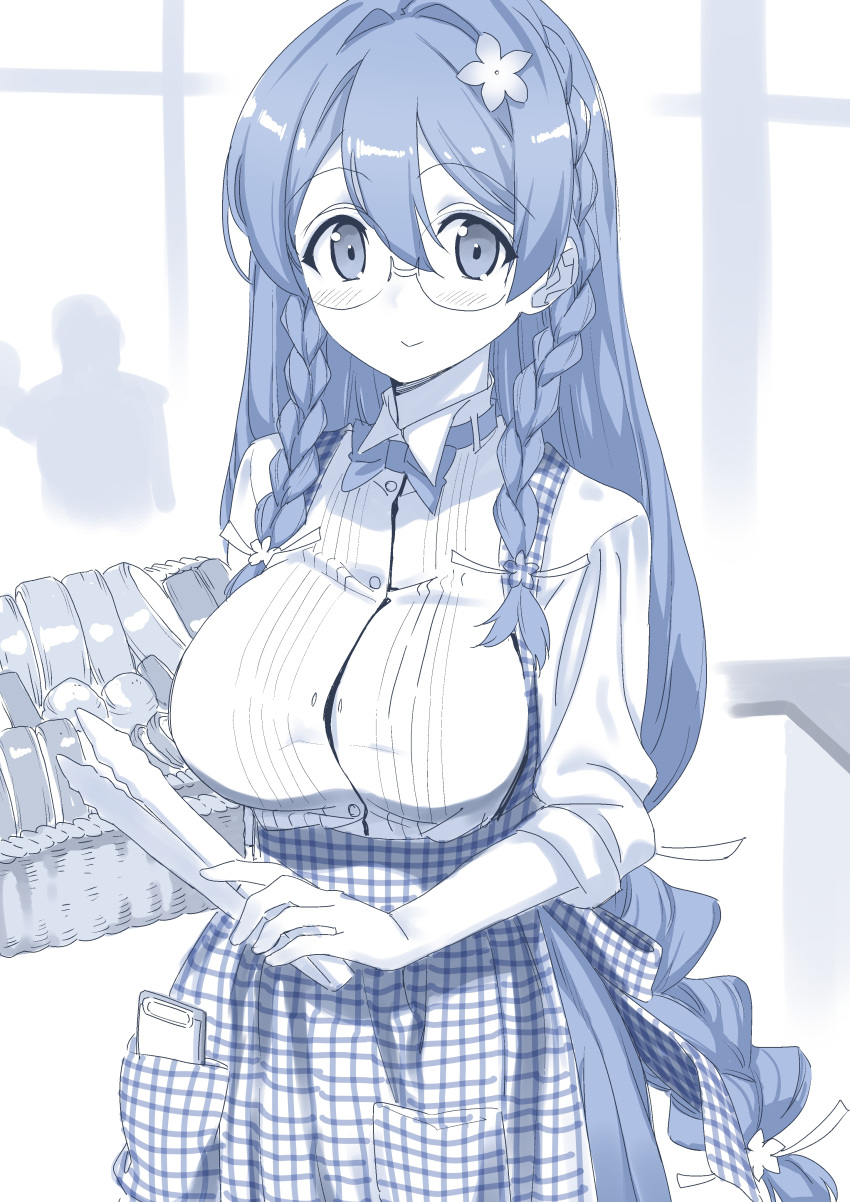 1girl, absurdres, braid, bread, breasts, cowboy_shot, flower, food