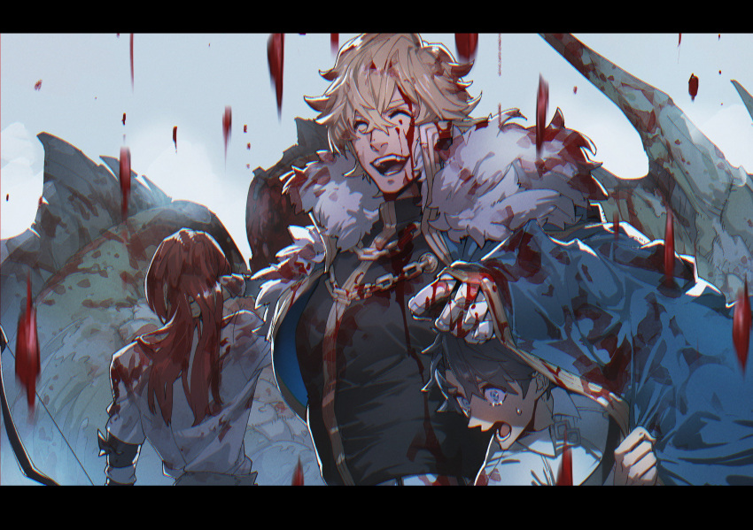 10s, 3boys, blonde_hair, blood, blood_on_face, bloody_clothes, blue_eyes, cape
