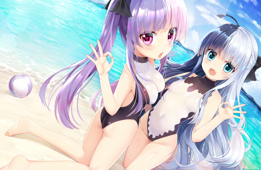 2girls, ass, ball, bangs, bare_legs, barefoot, beach, beachball