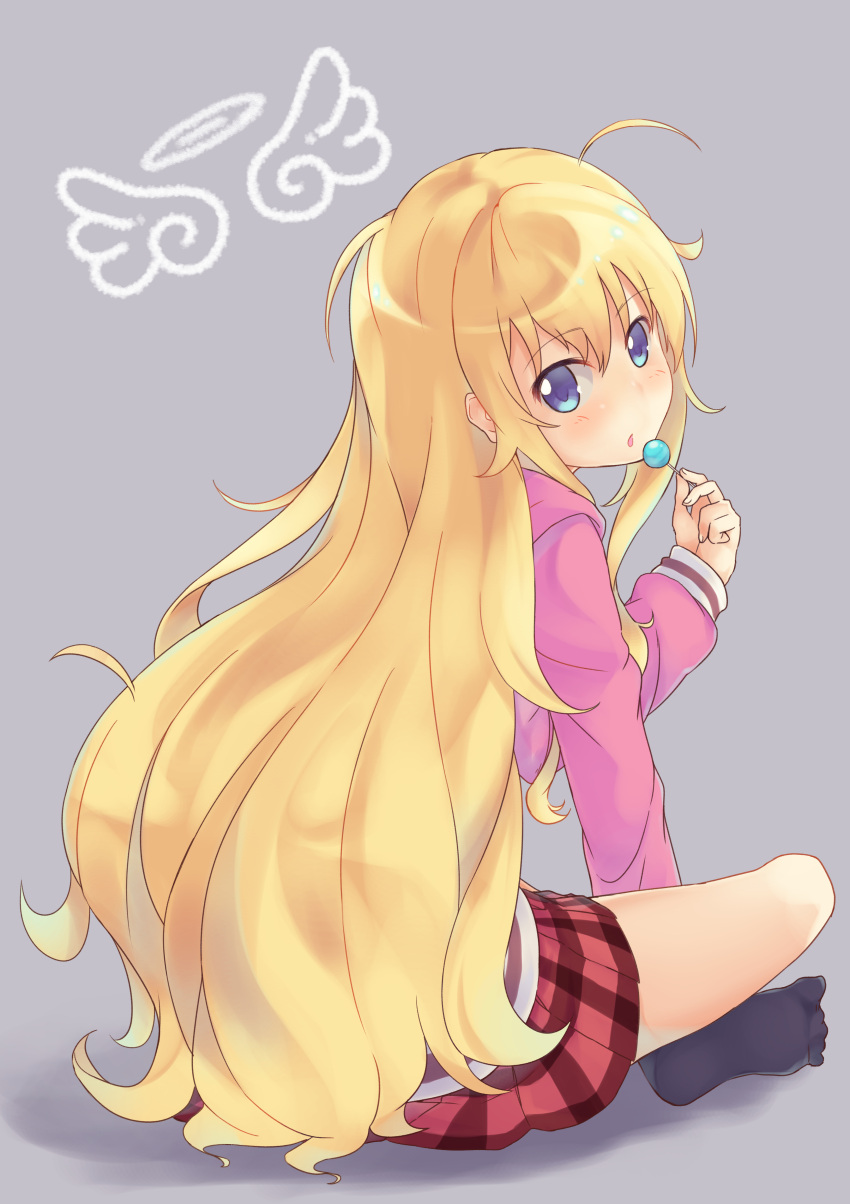 1girl, :o, absurdres, ahoge, angel_wings, bangs, black_legwear, blonde_hair