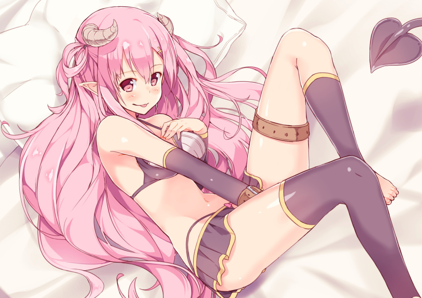 1girl, :p, absurdres, arm_warmers, bed, bikini_top, black_legwear, breasts