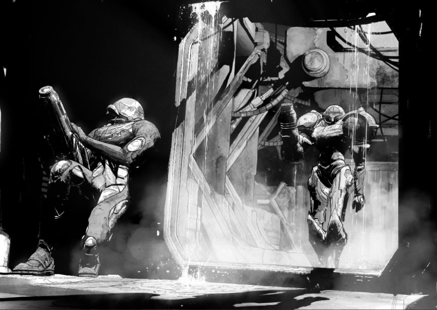 2girls, against_wall, arm_cannon, doorway, fusion_suit, glowing, glowing_eyes, greyscale