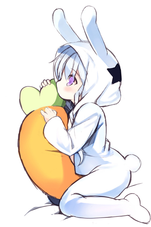 1girl, animal_ears, animal_hood, bed_sheet, blush, bunny_pajamas, bunny_tail, fake_animal_ears