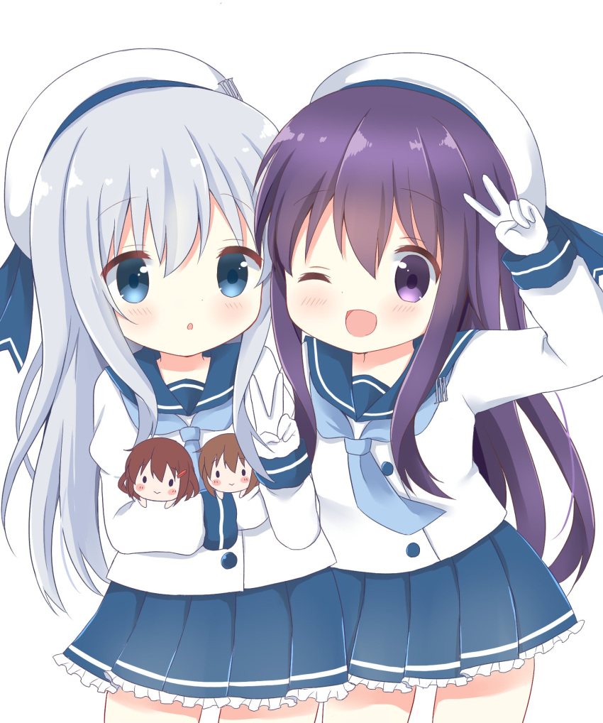 akatsuki_(kantai_collection), brown_hair, chatsune_(white_lolita), cosplay, gloves, hat, hibiki_(kantai_collection), highres