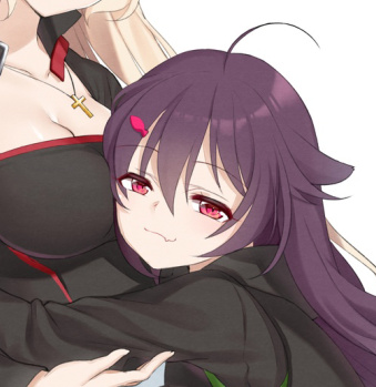 2girls, ahoge, blonde_hair, breasts, cleavage, collarbone, cross, cross_necklace, g3_(girls_frontline), girls_frontline, hair_ornament, hug, jacket, jewelry, large_breasts, long_hair, looking_at_viewer, lowres, multiple_girls, necklace, p226_(girls_frontline), purple_hair, red_eyes, smile, smug, solo_focus, vest, white_background