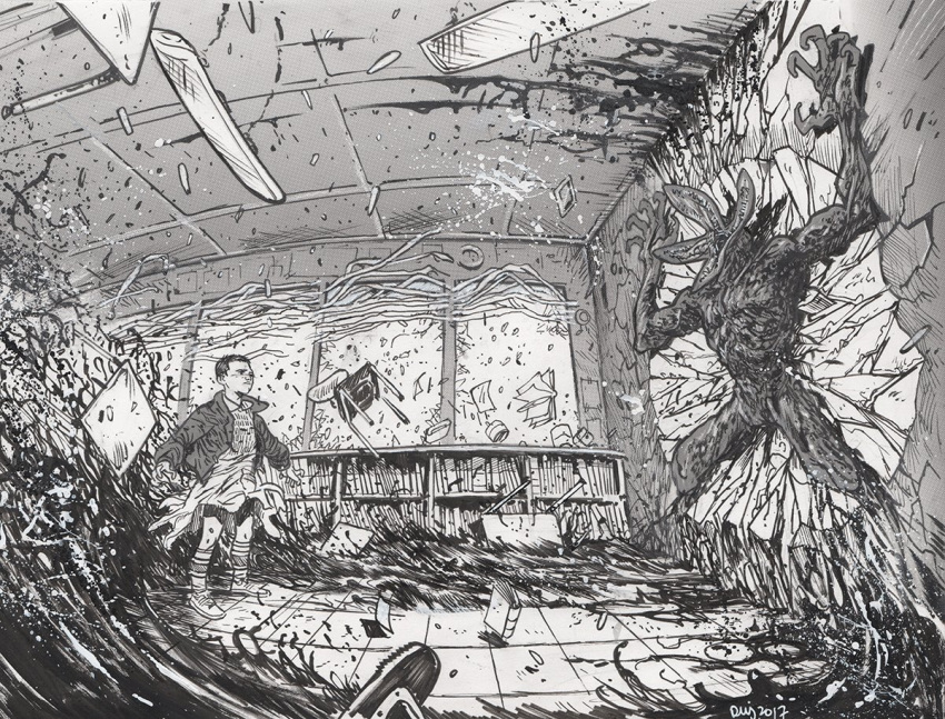 classroom, daniel_warren_johnson, debris, demigorgon, eleven_(stranger_things), greyscale, monochrome, monster
