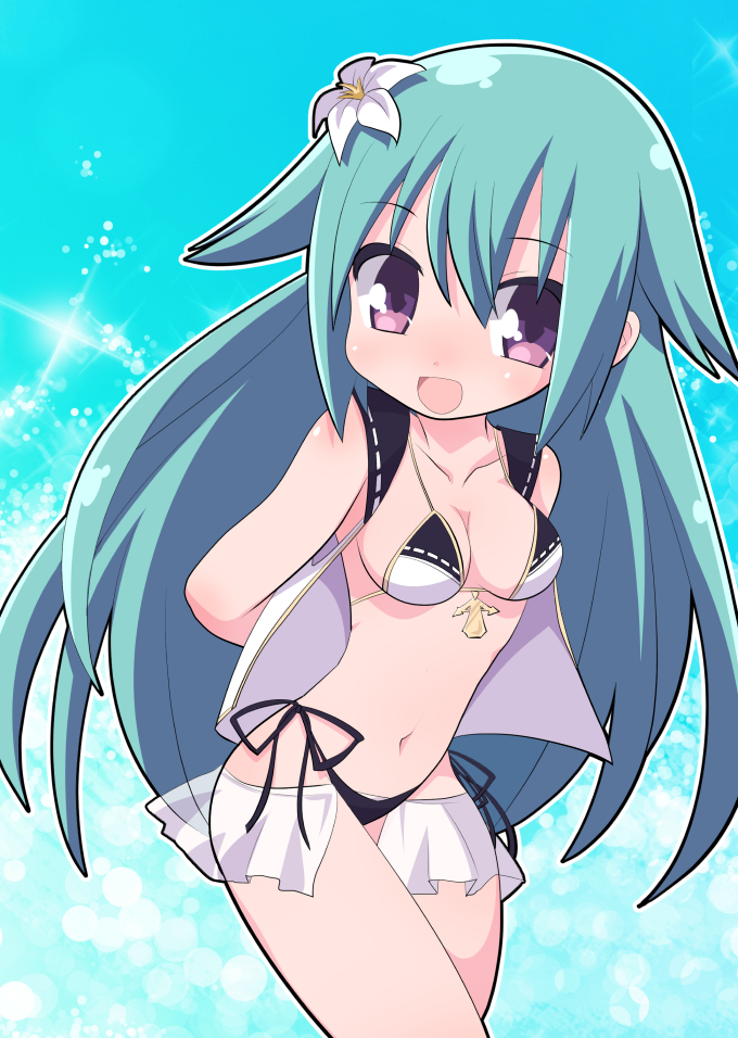 1girl, aqua_hair, arms_behind_back, blush, breasts, chibi, flower, hair_flower