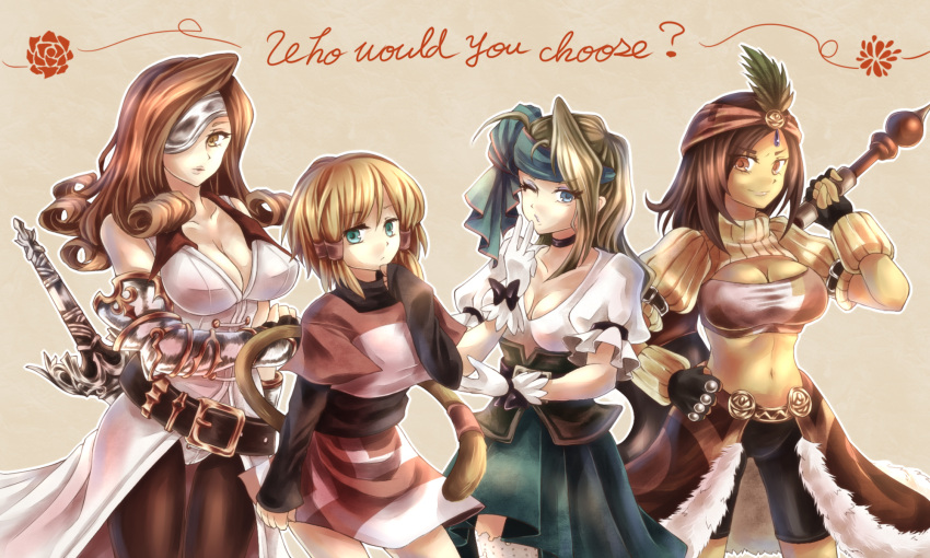 >:), 4girls, :/, aqua_eyes, aqua_skirt, armor, axe, bandanna