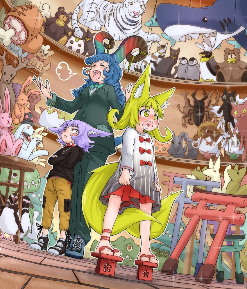 >:d, 3girls, :d, :o, animal_ears, aqua_nails, bangs, beetle