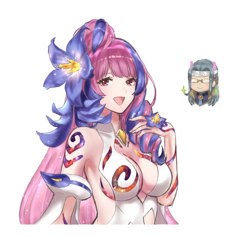 10s, breasts, check_commentary, commentary, commentary_request, large_breasts, lisa, macross, macross_delta, mikumo_guynemer, multicolored_hair, purple_hair, red_eyes, roid_brehm, two-tone_hair