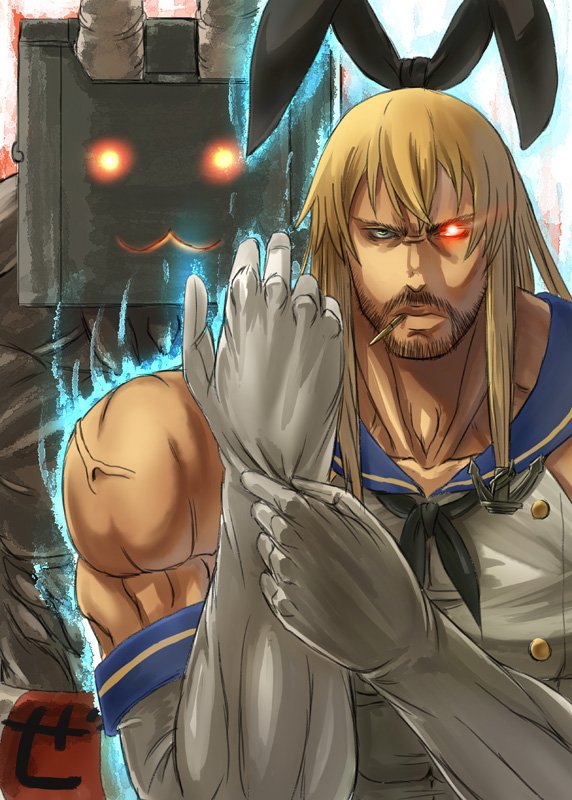 10s, 1boy, :3, adjusting_clothes, adjusting_gloves, anchor, beard, blonde_hair