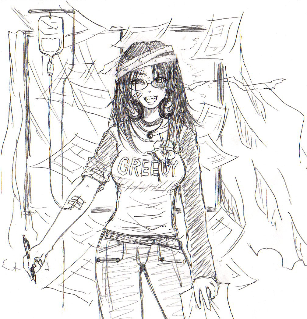 bakufu, bandage, english, fuu_(futian), glasses, headphones, intravenous_drip, iv