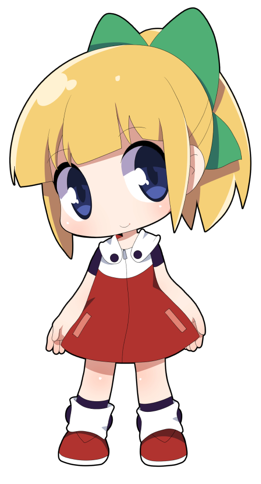 1girl, bangs, black_legwear, blonde_hair, blue_eyes, blunt_bangs, blush, bow, chibi, closed_mouth, dress, eyebrows_visible_through_hair, full_body, green_bow, hair_bow, head_tilt, long_hair, looking_at_viewer, osaragi_mitama, ponytail, red_dress, red_shoes, rockman, roll, shoes, short_sleeves, sidelocks, simple_background, smile, socks, solo, standing, white_background, zipper