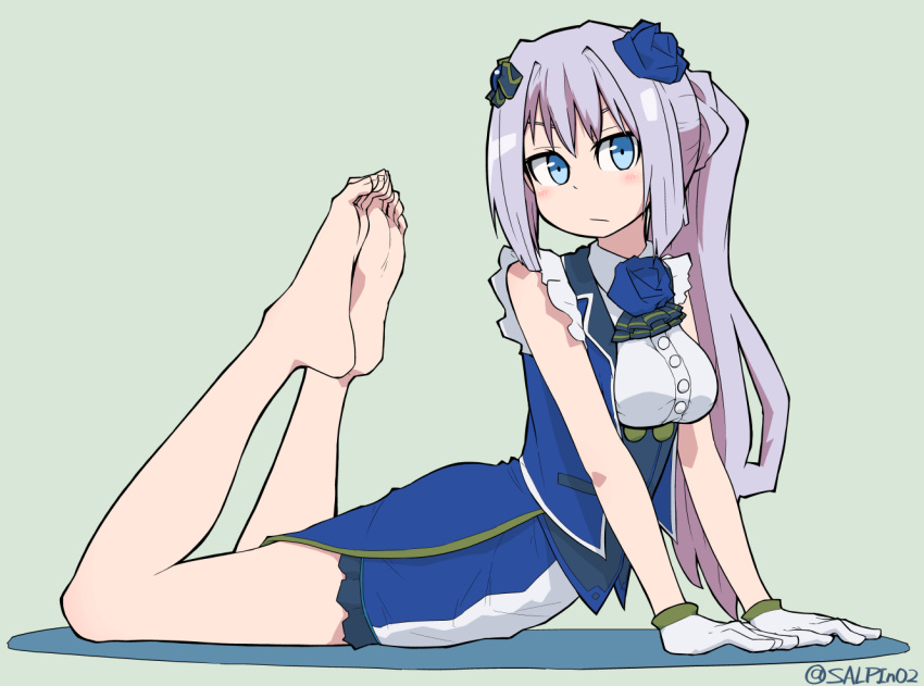 1girl, barefoot, breasts, dress, feet, full_body, gloves, legs