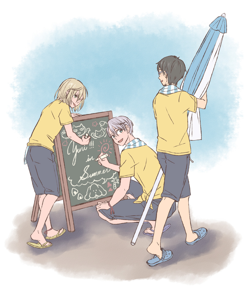 3boys, :p, beach_umbrella, black_hair, blonde_hair, blue_eyes, chalk, chalkboard
