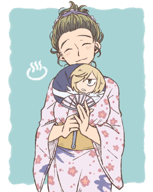 1girl, ^_^, blonde_hair, brown_hair, closed_eyes, fan, japanese_clothes, katsuki_mari