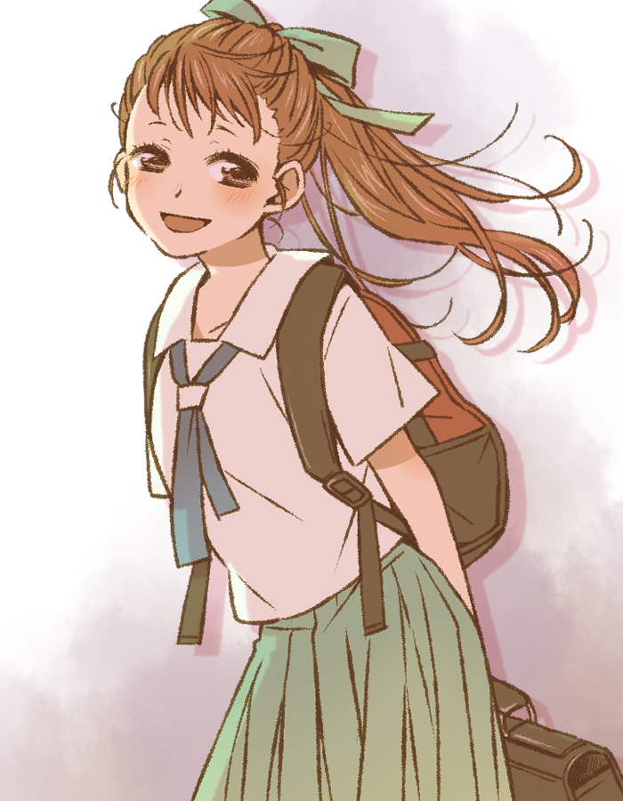 1girl, backpack, bag, brown_eyes, brown_hair, hair_ribbon, nishigoori_yuuko, open_mouth
