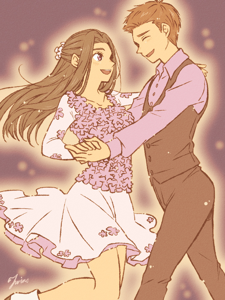 1boy, 1girl, black_hair, brother_and_sister, brown_hair, dancing, dress, hand_holding