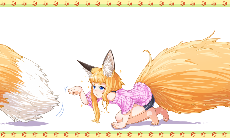 1girl, :<, all_fours, animal_ears, bare_legs, bare_shoulders, barefoot, blonde_hair