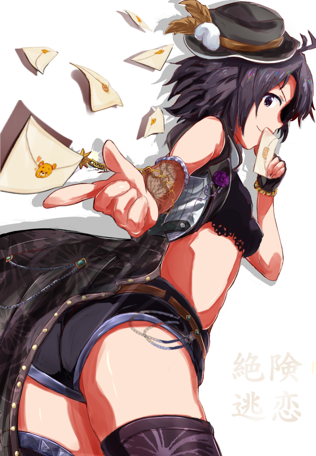 1girl, asymmetrical_gloves, black_gloves, black_hair, black_hat, black_legwear, black_shorts, brown_eyes, crop_top, fingerless_gloves, from_below, gloves, hat, idolmaster, idolmaster_one_for_all, index_finger_raised, kikuchi_makoto, looking_at_viewer, midriff, ryuusei_(ryuse1116), short_hair, short_shorts, shorts, simple_background, sketch, solo, stomach, thigh-highs, white_background