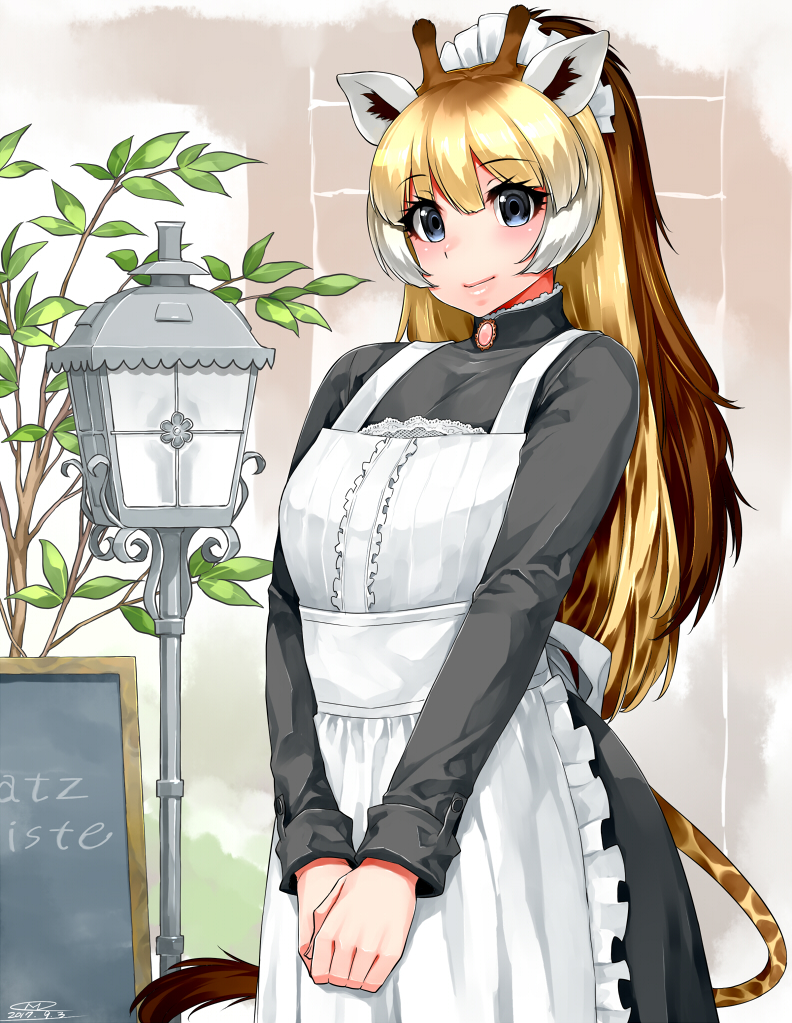 1girl, 2017, alternate_costume, apron, blonde_hair, blue_eyes, blush, brooch, brown_hair, chalkboard, dated, eyebrows_visible_through_hair, giraffe_ears, giraffe_horns, giraffe_tail, happa_(cloverppd), jewelry, kemono_friends, lamppost, long_hair, long_sleeves, looking_at_viewer, maid, maid_apron, maid_headdress, multicolored_hair, own_hands_together, plant, reticulated_giraffe_(kemono_friends), sash, schatzkiste, signature, smile, solo, tail, very_long_hair, white_hair