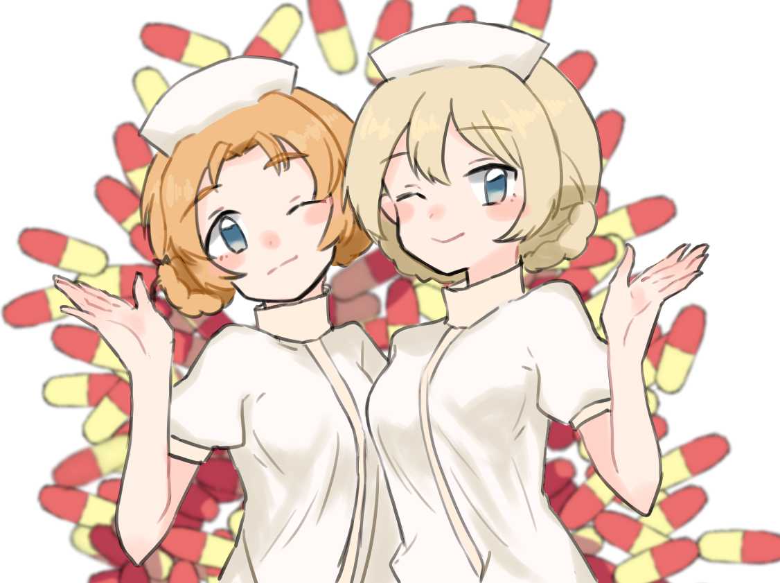 2girls, aaru_(kerogero1582), blonde_hair, blue_eyes, blush, darjeeling, girls_und_panzer, hat