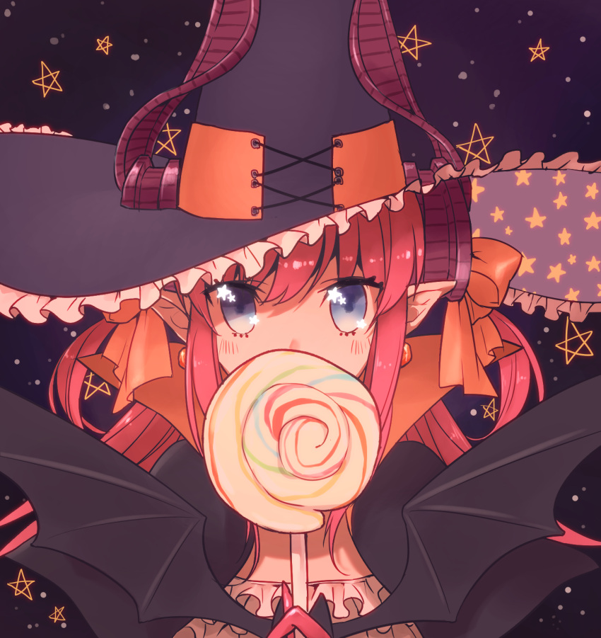 1girl, bat, blue_eyes, blush, candy, covering_mouth, earrings, elizabeth_bathory_(halloween)_(fate), fate/grand_order, fate_(series), food, hair_ribbon, hat, high_collar, highres, horns, jewelry, lancer_(fate/extra_ccc), lollipop, looking_at_viewer, mozu_(teluto), pink_hair, pointy_ears, ribbon, sky, solo, star, star_(sky), star_print, starry_sky, two_side_up, upper_body, witch_hat