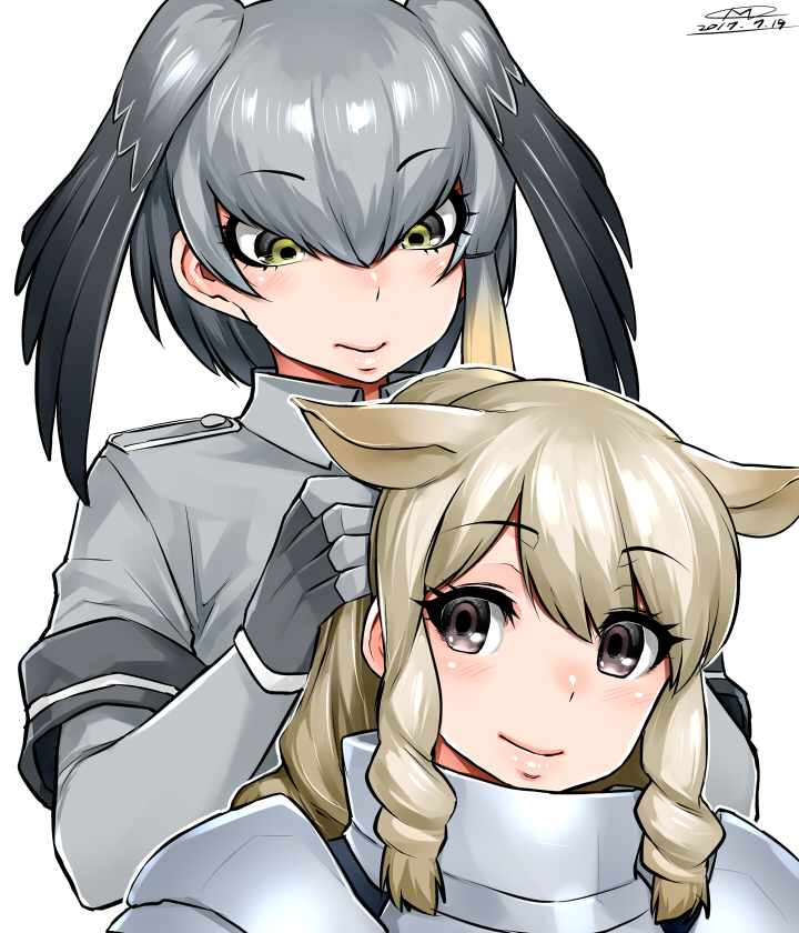 2017, 2girls, armor, black_hair, blonde_hair, brown_eyes, collared_shirt, dated