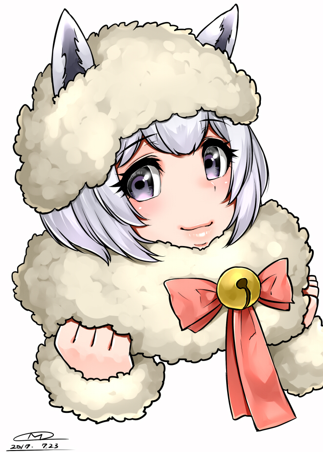 1girl, 2017, alpaca_ears, alpaca_huacaya_(kemono_friends), bell, bow, bowtie, clenched_hands
