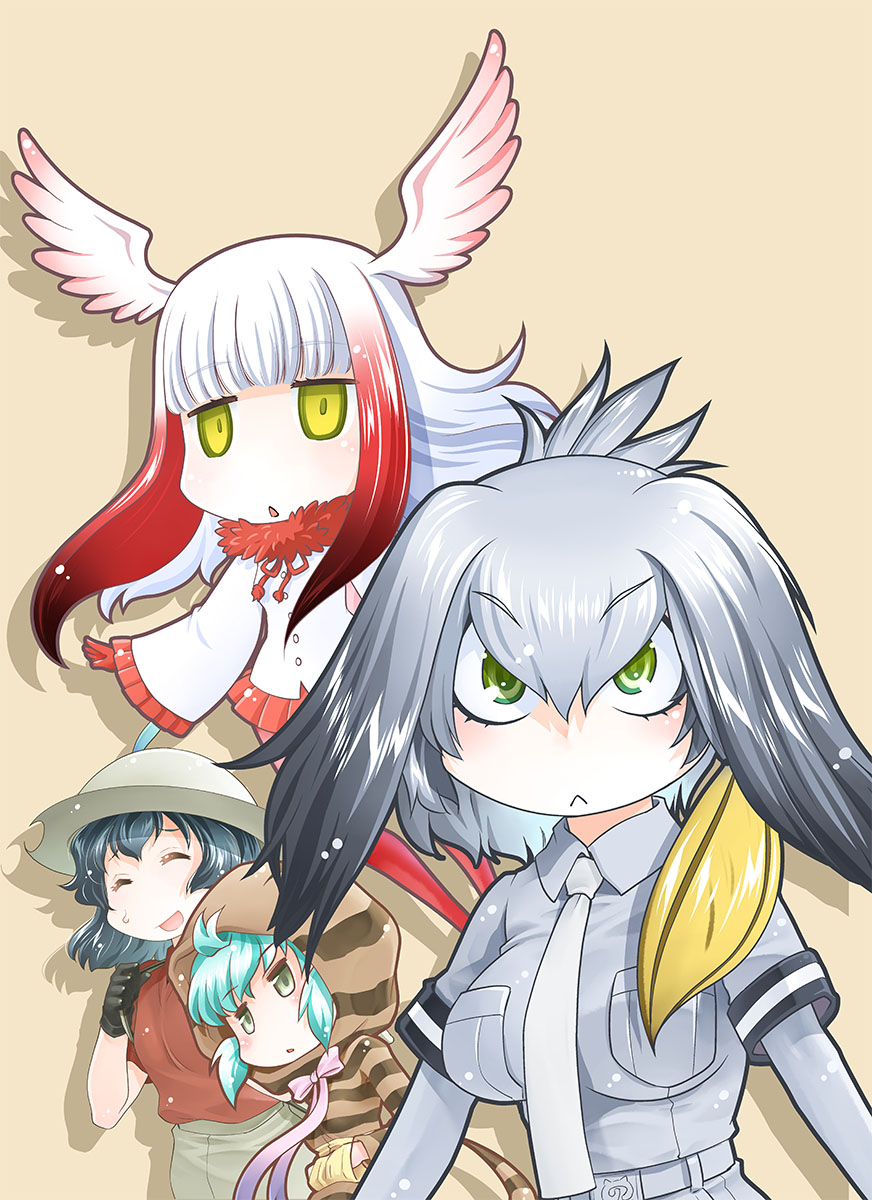 4girls, aqua_hair, bangs, black_hair, blunt_bangs, breasts, bucket_hat, closed_eyes, commentary_request, feather_trim, flying, gloves, green_eyes, grey_shirt, hands_in_pockets, hat, hat_feather, head_wings, highres, hood, hoodie, japanese_crested_ibis_(kemono_friends), kaban_(kemono_friends), kemono_friends, long_sleeves, medium_breasts, mizuki_hitoshi, multicolored_hair, multiple_girls, necktie, open_mouth, redhead, shirt, shoebill_(kemono_friends), shorts, sidelocks, small_breasts, smile, sweatdrop, t-shirt, translation_request, tsuchinoko_(youkai_watch), two-tone_hair, white_hair, wide_sleeves, yellow_eyes
