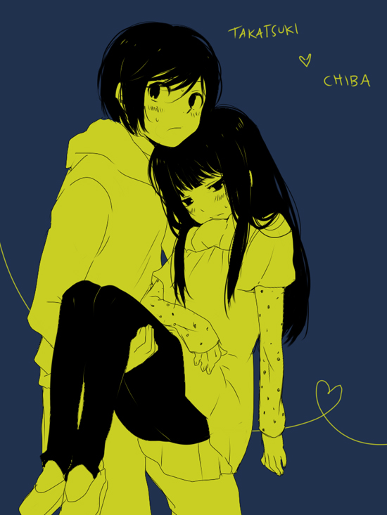 androgynous, black_hair, blue_background, blush, carrying, chiba_saori, couple, heart