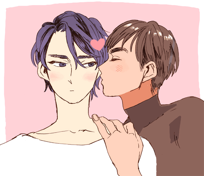 2boys, black_hair, closed_eyes, grey_eyes, hand_on_another's_shoulder, heart, imminent_kiss, lee_seung-gil