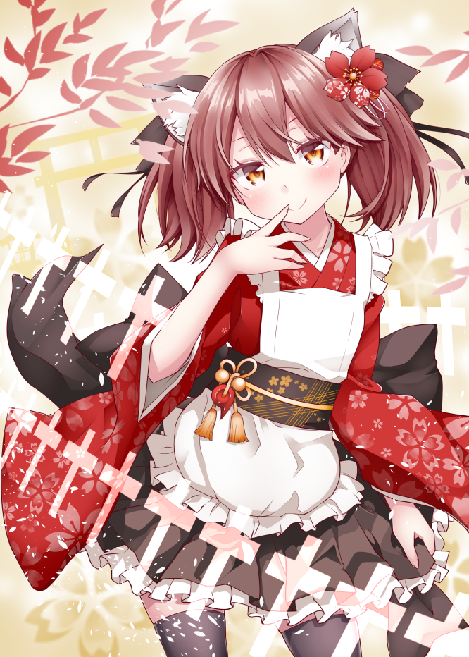 10s, 1girl, alternate_costume, apron, black_legwear, brown_eyes, brown_hair, floral_print