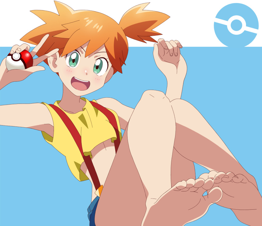 1girl, aqua_background, aqua_eyes, barefoot, blush, crop_top, denim, denim_shorts, feet, highres, holding, holding_poke_ball, kasumi_(pokemon), kuroi_ohagi, looking_at_viewer, open_mouth, orange_hair, overalls, poke_ball, poke_ball_print, pokemon, pokemon_(anime), shiny, shiny_hair, short_hair, shorts, side_ponytail, sitting, smile, soles, solo, tank_top, toes, two-tone_background, v, w, white_background